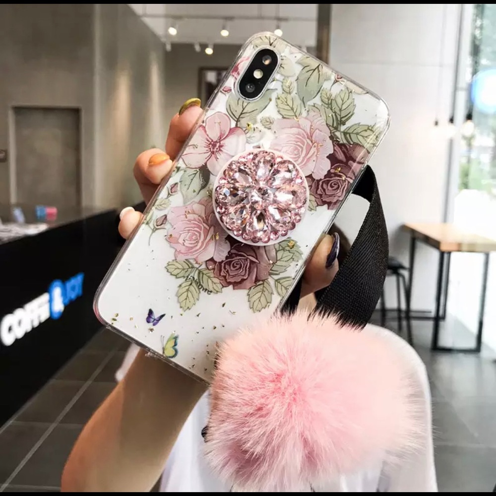 iPhone 8 Plus Case XR Flowers Pom Pom Pop Sock